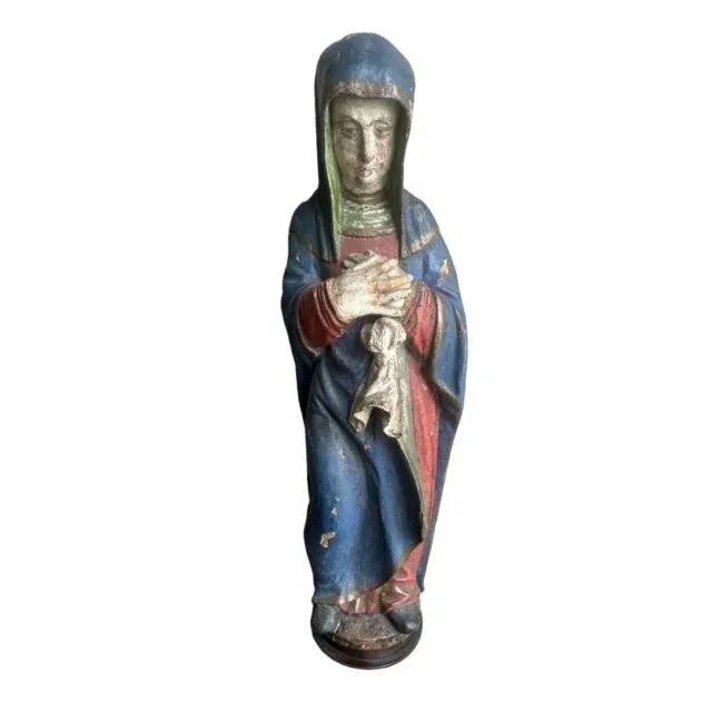 Blue Santos Saint Maria Mary Wood Carved Sculpture Mother of Jesus For Sale - Image 8 of 8