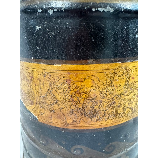 Antique English Tole Coal Helmet Scuttle | Beldray Maker's Mark, Gilt Neoclassical Decoration | 24in Tall For Sale - Image 12 of 12