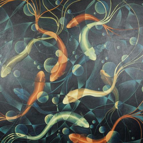 Contemporary Vera Jefferson, Swimming Koi, Oil on Canvas For Sale - Image 3 of 6