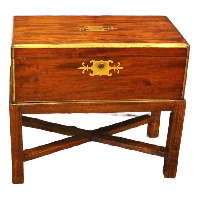 Early-Mid 19th Century English Large Campaign Lap Desk on Side Table Stand For Sale