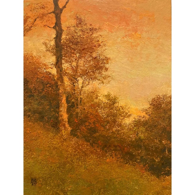 This oil on canvas panel captures a serene autumn landscape, where warm hues of orange and gold envelop the scene, evoking...
