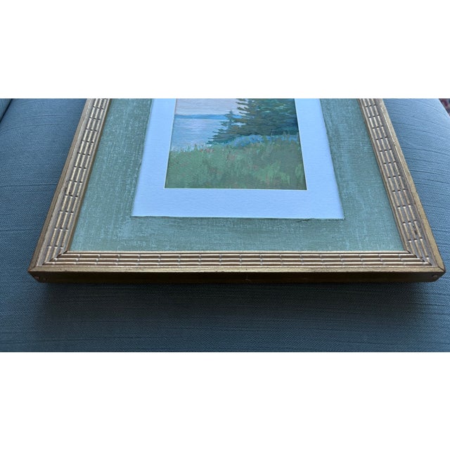 2025 Maine Pine Trees Against the Sea Coastal Gouache Painting, Framed For Sale - Image 4 of 7