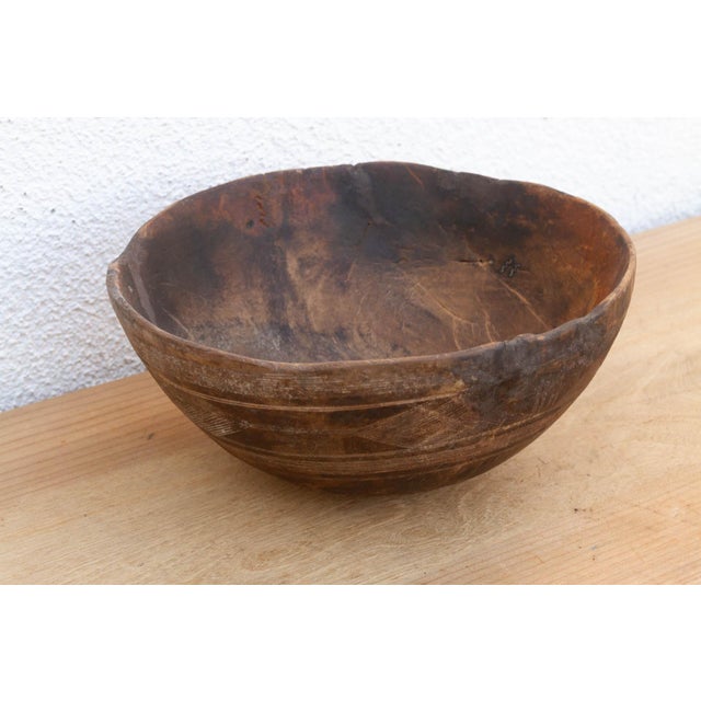African Handcarved African Rounded Wooden Bowl For Sale - Image 3 of 8