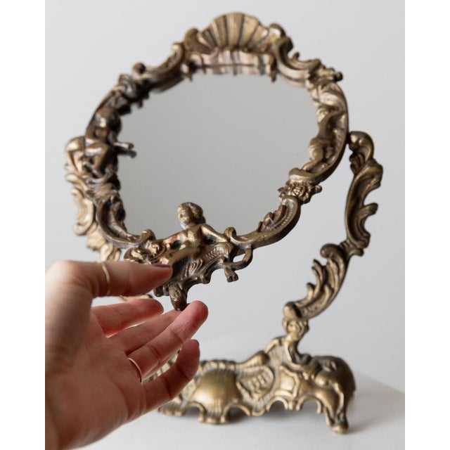 Gold Vintage Brass Make-Up Mirror, France, 1930s For Sale - Image 8 of 12