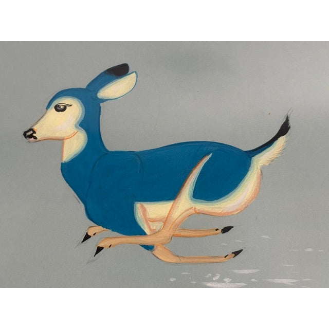 Blue Vintage Beatien Yazz Navajo Gouache Original Painting Blue Deer Signed For Sale - Image 8 of 10