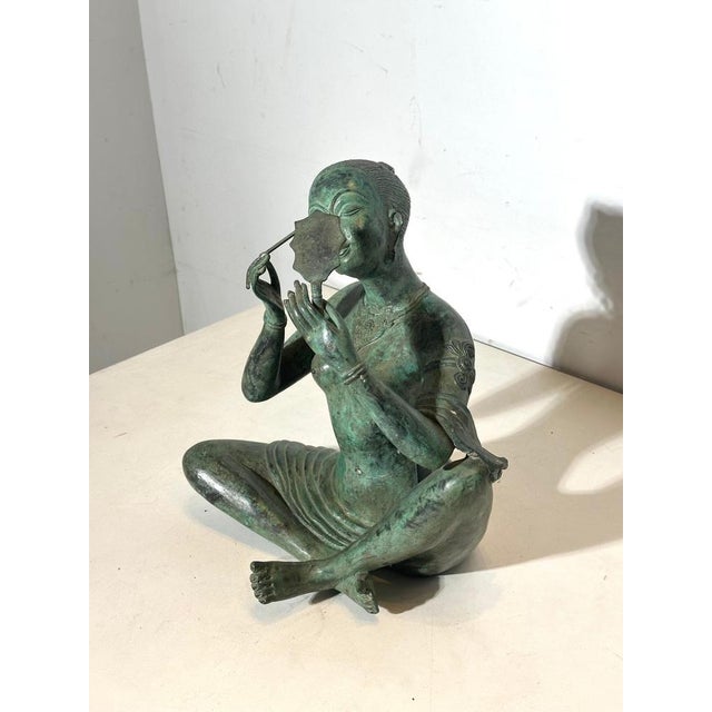Patinated Bronze Seated Woman with Mirror Figurine For Sale - Image 4 of 5