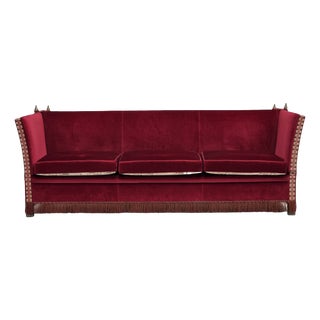Danish Three-Seater Drop Arm Spanish Sofa in Red Furniture Velour, 1970s For Sale