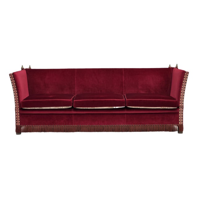 Danish Three-Seater Drop Arm Spanish Sofa in Red Furniture Velour, 1970s For Sale