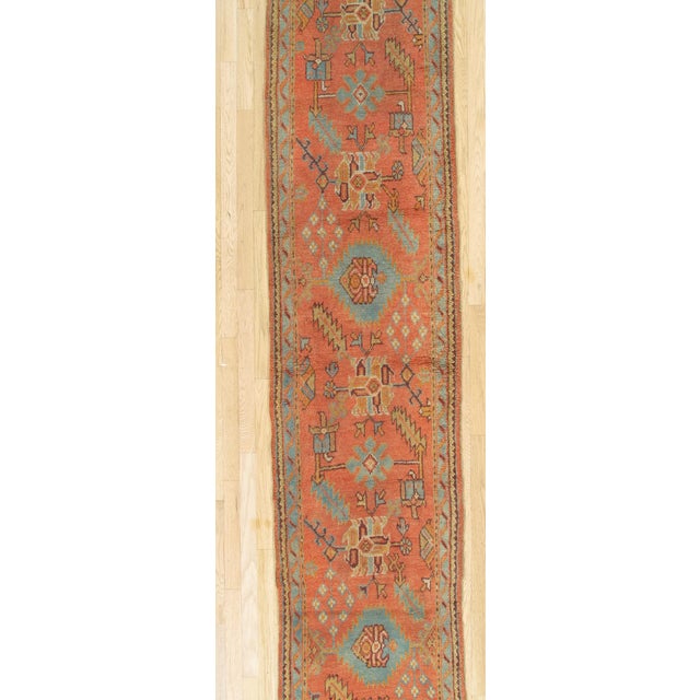 Late 19th Century Late 19th Century Antique Turkish Oushak Runner, Coral, Light Blue Handwoven Rug For Sale - Image 5 of 15