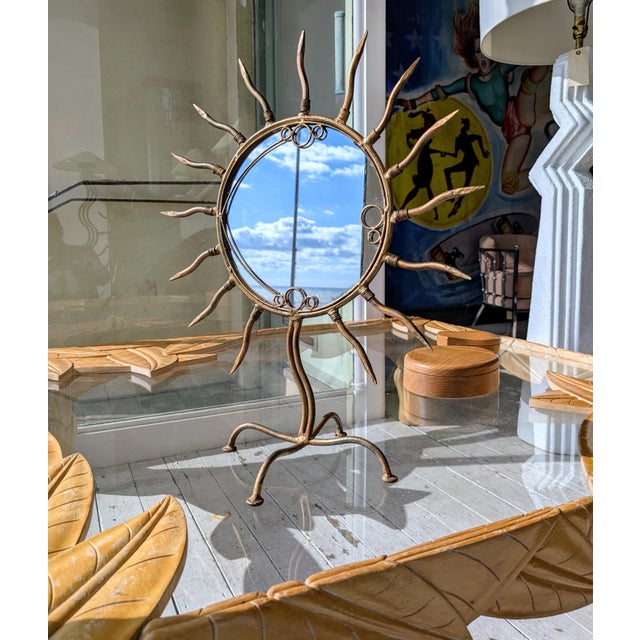 1980s Vintage American Postmodern Gilt Iron Sunburst Table Mirror, 1980s For Sale - Image 5 of 10