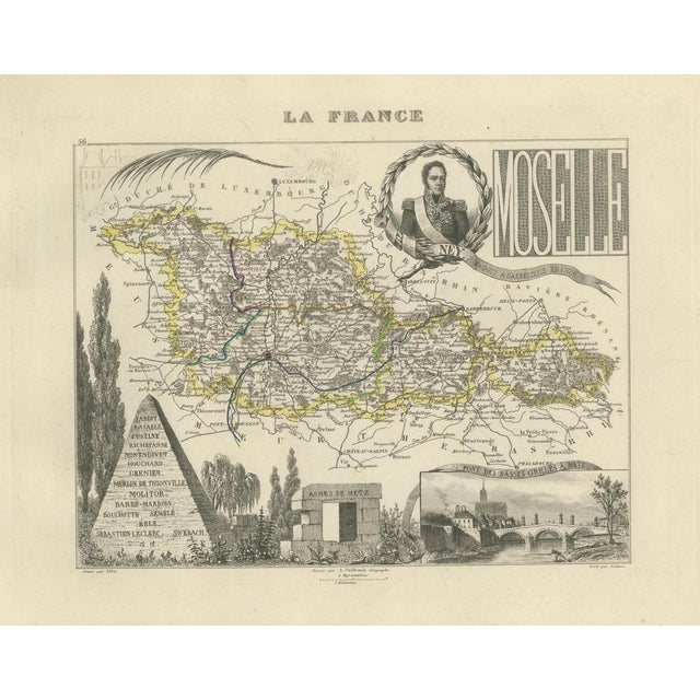 Antique Decorative Map of Moselle by Vuillemin, France, 1850 For Sale - Image 3 of 9
