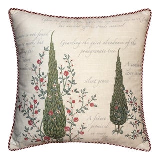 Attached Cushion Pillow , Cypress Botanical Poetry - Ticking Stripe Trim - 16x16 18x18 20x20 Square Accent - Vintage Cottagecore Decor For Sale