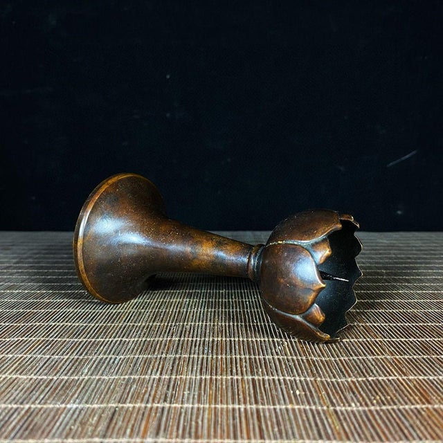 Asian Pair of Vintage Brass Lotus Candlesticks - Asian Altar Candle Holders For Sale - Image 3 of 9