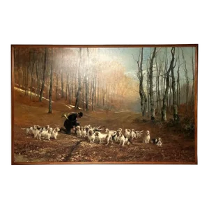 Monumental Oil Canvas, Georges Henri Fauvel, Hunting Dogs with Master, 19th Cent
