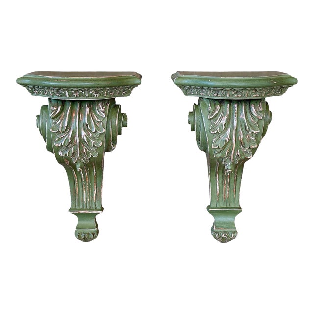 Pair of Carved Acanthus Wall Bracket Shelves / Corbels in Distressed Green Finish For Sale