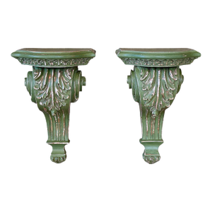 Pair of Carved Acanthus Wall Bracket Shelves / Corbels in Distressed Green Finish