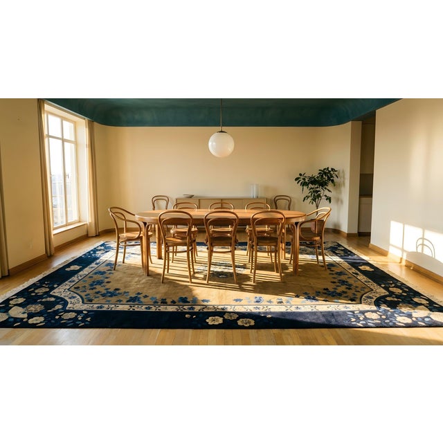 Delicate Floral Centerpiece in a Beige Background Color Antique Chinese Peking Rug For Sale - Image 14 of 15