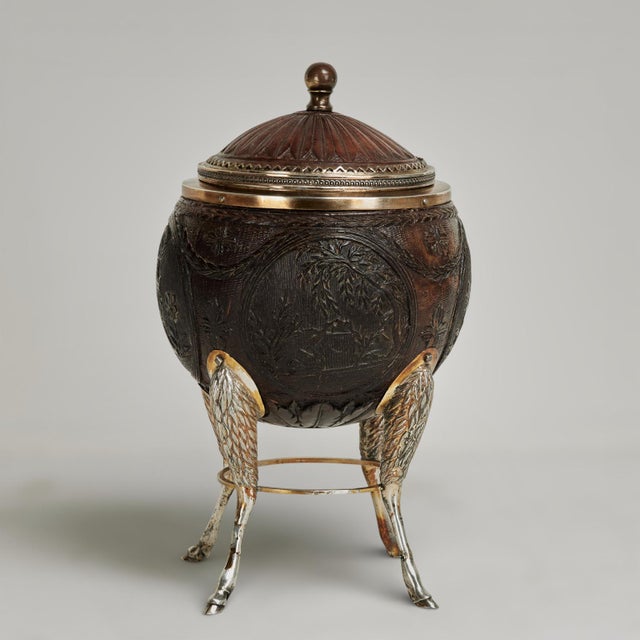 Exceptional 19th century French coconut trinket box hand carved with acanthus leaves on the lid, jewelry like metal work...