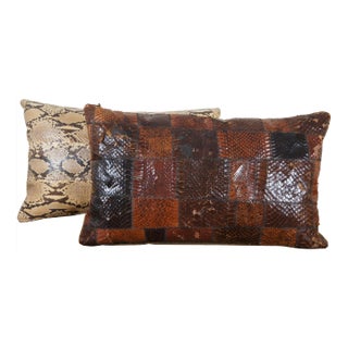 Vintage Snakeskin Leather Patchwork Lumbar Throw Pillows- Set of 2 For Sale
