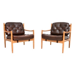 Vintage Swedish Leather and Birch Lounge Chairs attributed to Ingemar Thillmark for Ope, 1960s, Set of 2 For Sale