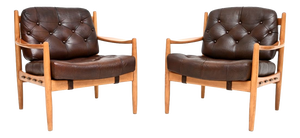 Vintage Swedish Leather and Birch Lounge Chairs attributed to Ingemar Thillmark for Ope, 1960s, Set of 2