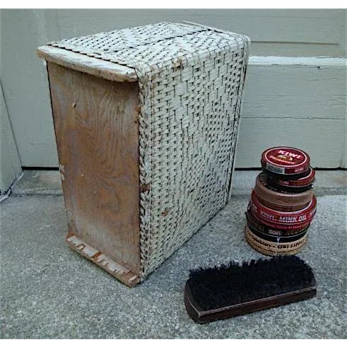 Shabby Chic Woven Wicker Basket Shoe Shine Kit Storage Box For Sale - Image 3 of 5