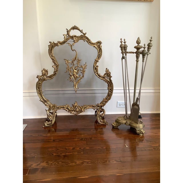 Mid 19th Century French Solid Brass Fireplace Screen and Tool Set For Sale - Image 4 of 9