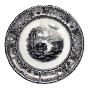 1800’s Marked Mulberry Flow Black Ironstone Transfer Plate Washington Vase by Podmore Walker
