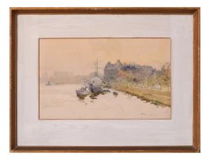 Impressionist Temple Pier London, 1910s, Watercolour on Canvas, Framed