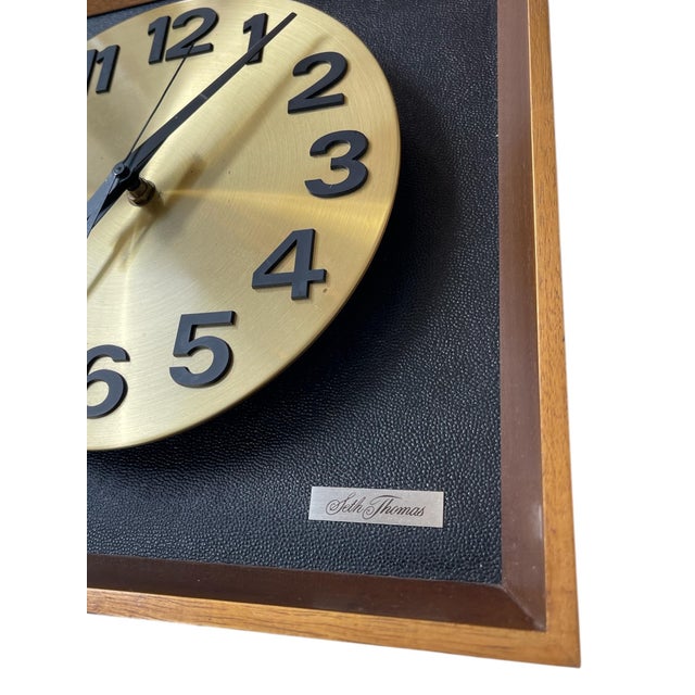 Wood Vintage Mid-Century Modern Seth Thomas Wall Clock "Candid" Model E326-004 in Likely Walnut Shadow Box With Brass Toned Dial For Sale - Image 7 of 10