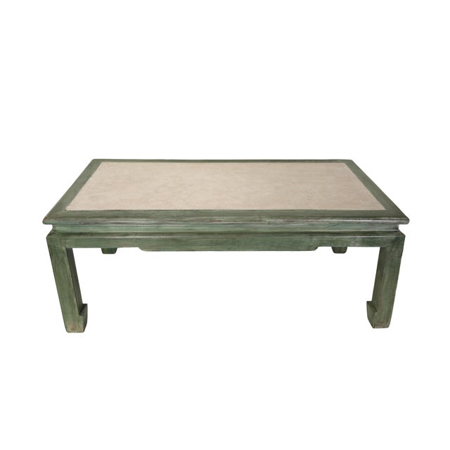 A Vintage Ming-Style Coffee Table With a Green and White Raffia Inlay. For Sale - Image 12 of 13