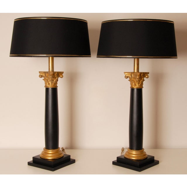 Traditional Vintage Italian Table Lamps Corinthian Column Lamps Black Gold Wood Hand Carved - A Pair For Sale - Image 3 of 9
