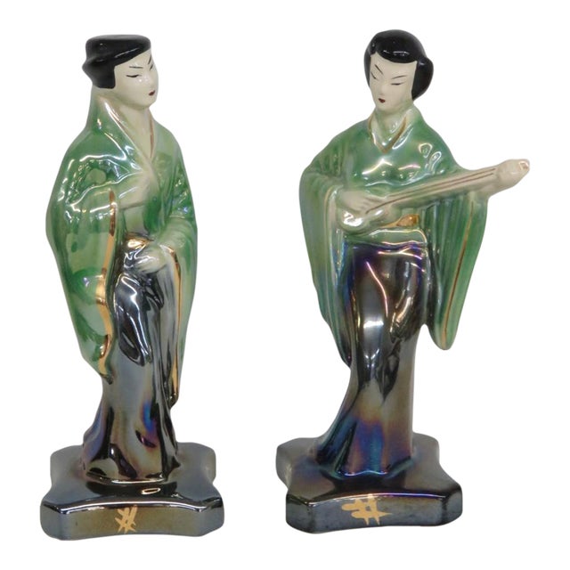 Japanese Eosin Glazed Ceramic Figurines Pair of 2 Iridescent Rainbow Sheen 5028b For Sale