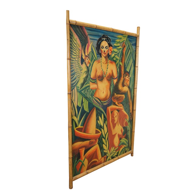Mid-Century Modern Mid 20th Century Monumental Bohemian Tiki Pastel Painting Tropical Nude Mid-Century Modern Faux Bamboo Frame 66" For Sale - Image 3 of 12