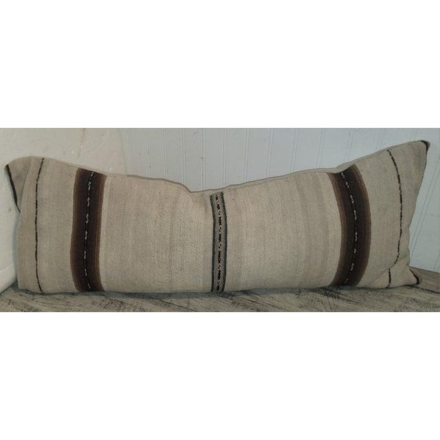 This early 19thc brown striped linen fabric is most unusual and super early! Sold as a pair of bolster that are down &...