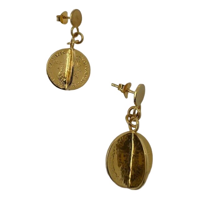 Vintage Genuine Real Dollar Coin Yellow Gold Vermeil Sterling Silver Charm Drop, A Pair For Sale