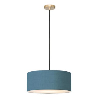 Stretch Pendant, Turquoise Linen Shade, Weathered Brass For Sale