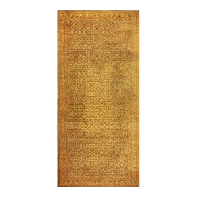1930s Gold Herati Traditional Geometric Antique Knotted Wool Indian Runner Rug For Sale