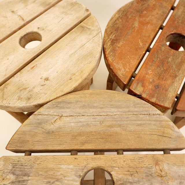 Brown Pine Stools, Sweden, 1940s, Set of 3 For Sale - Image 8 of 13