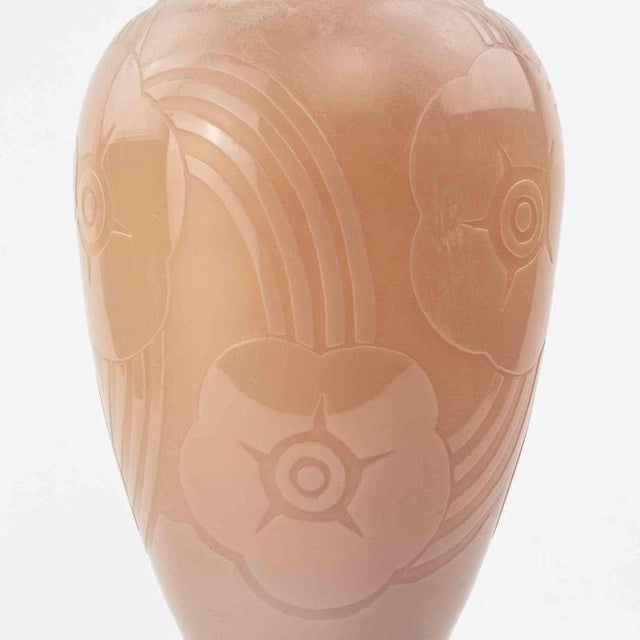 Vintage Art Deco pink glass vase. with moulded flowers decorations. Excellent condition.