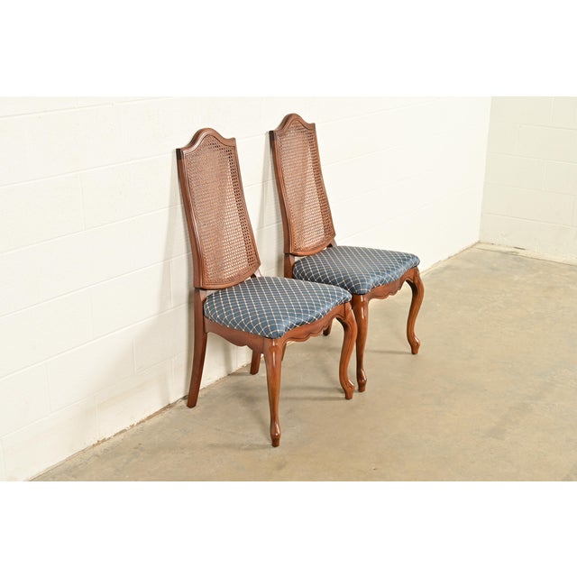 Baker Furniture Company Baker Furniture Style French Provincial Louis XV Carved Walnut and Cane Back Side Chairs or Dining Chairs, Pair For Sale - Image 4 of 14
