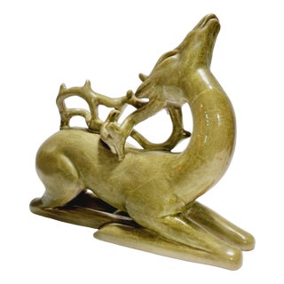 Art Deco Italian Glazed Ceramic Recumbent Deer Sculpture from Fidia Milano, 1940s For Sale