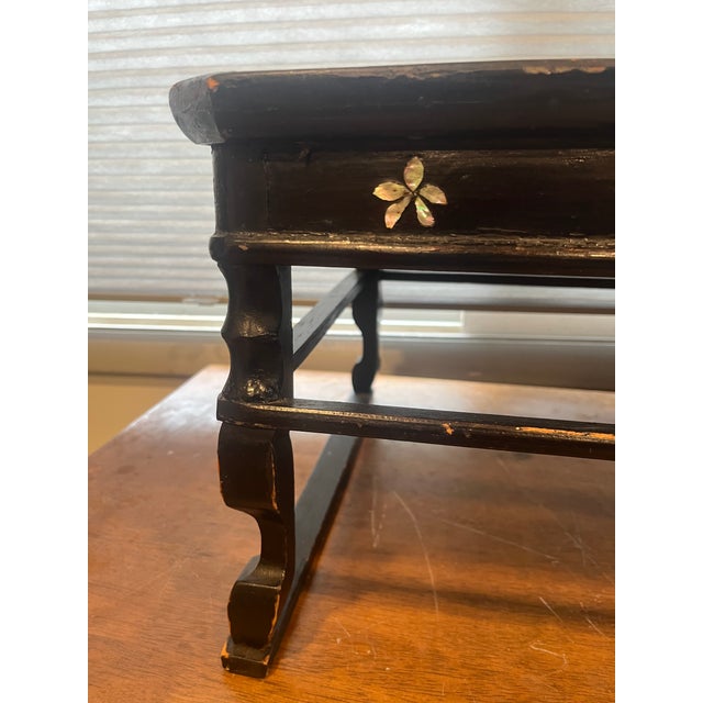 Vintage Korean Lacquer soban table with inlaid decoration of a flying cranes height 19 inches In outside light the table...