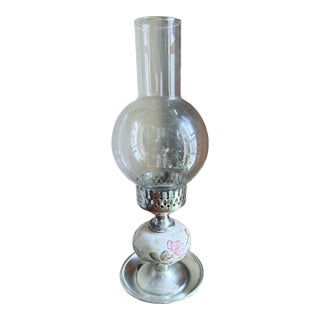 Vintage Mid Century Hurricane Oil Lamp Floral Ceramic Silver Base Glass Chimney For Sale