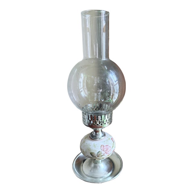Vintage Mid Century Hurricane Oil Lamp Floral Ceramic Silver Base Glass Chimney For Sale