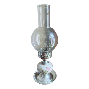 Vintage Mid Century Hurricane Oil Lamp Floral Ceramic Silver Base Glass Chimney