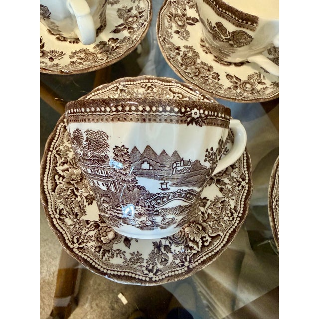English Chocolate Brown English Transferware Cups , S/6 For Sale - Image 3 of 4