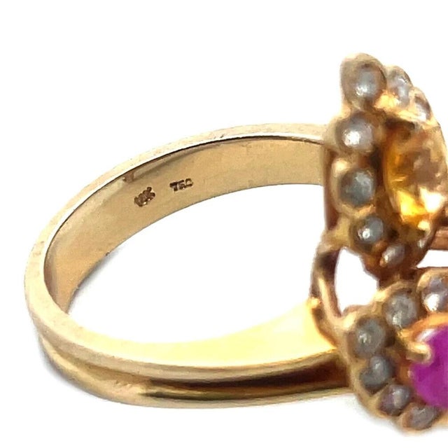 Sapphire Diamond Gold Ring 18k Yellow Floral 3 Stone Halo Style For Sale In Miami - Image 6 of 6