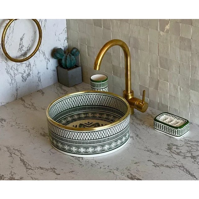 2020s Ceramic Countertop Handmade Sink for Bathroom With Brass Rim For Sale - Image 5 of 8