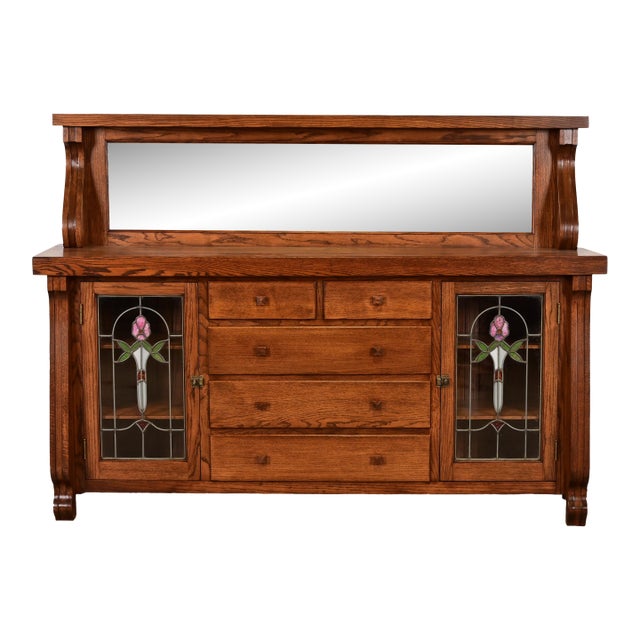 Antique Arts & Crafts Carved Oak Sideboard or Bar Cabinet With Stained Glass Doors, Newly Refinished For Sale